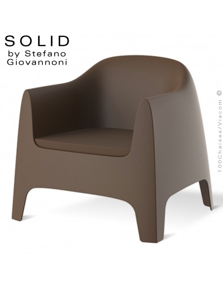 Fauteuil lounge design SOLID, structure 4 pieds avec accoudoirs, assise plastique couleur bronze avec coussin d'assise.