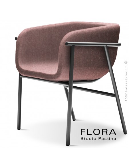 Fauteuil design FLORA, piétement acier peint anthracite, assise et dossier habillage tissu 301rose.