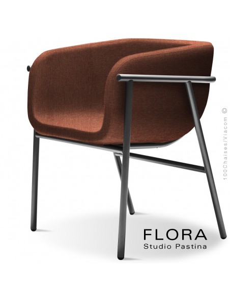 Fauteuil design FLORA, piétement acier peint anthracite, assise et dossier habillage tissu 302rouge.