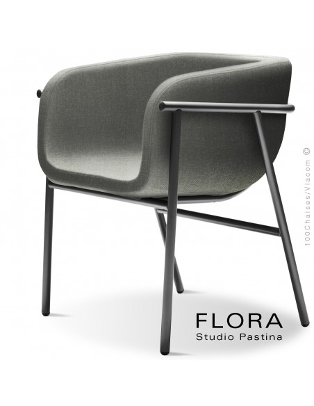 Fauteuil design FLORA, piétement acier peint anthracite, assise et dossier habillage tissu 600gris.