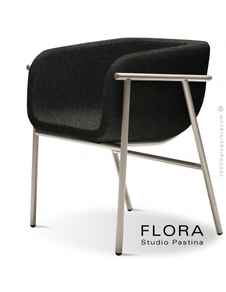 Fauteuil design FLORA, piétement acier peint sand, assise et dossier habillage tissu 203anthracite.