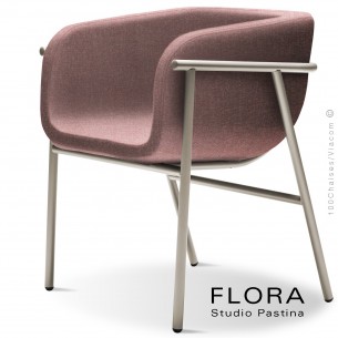 Fauteuil design FLORA, piétement acier peint sand, assise et dossier habillage tissu 301rose.