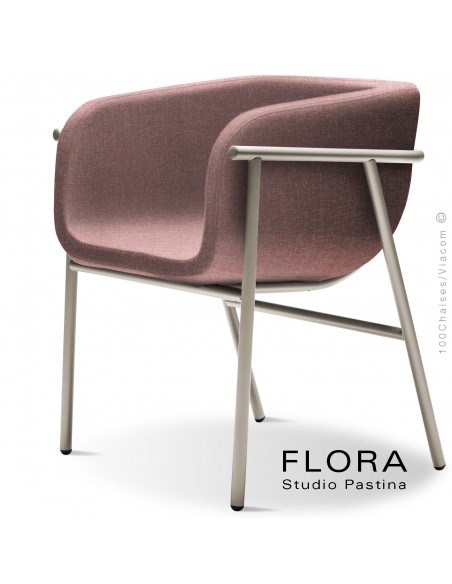 Fauteuil design FLORA, piétement acier peint sand, assise et dossier habillage tissu 301rose.