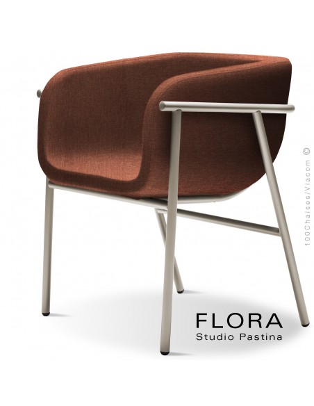 Fauteuil design FLORA, piétement acier peint sand, assise et dossier habillage tissu 302rouge.