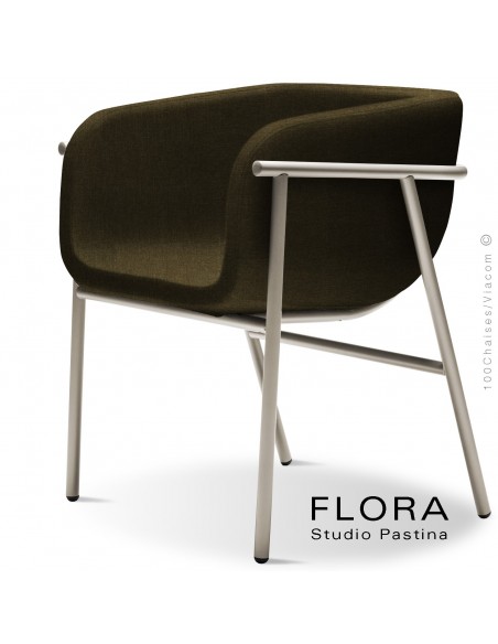 Fauteuil design FLORA, piétement acier peint sand, assise et dossier habillage tissu 404marron.