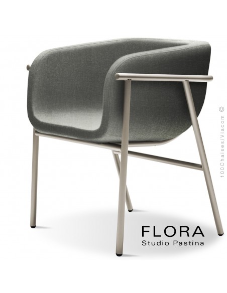 Fauteuil design FLORA, piétement acier peint sand, assise et dossier habillage tissu 600gris.