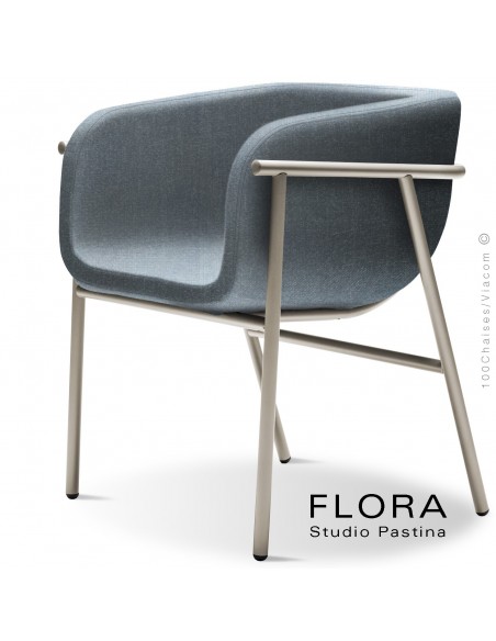 Fauteuil design FLORA, piétement acier peint sand, assise et dossier habillage tissu 701ble.