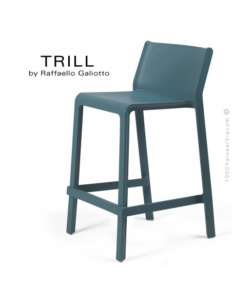 Tabouret de cuisine design TRILL, sturcture et assise plastique couleur bleu.