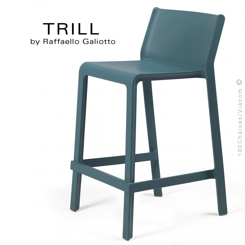 Tabouret de cuisine design TRILL, sturcture et assise plastique couleur bleu.
