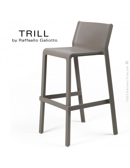 Tabouret de bar design TRILL, sturcture et assise plastique couleur gris tourterelle.