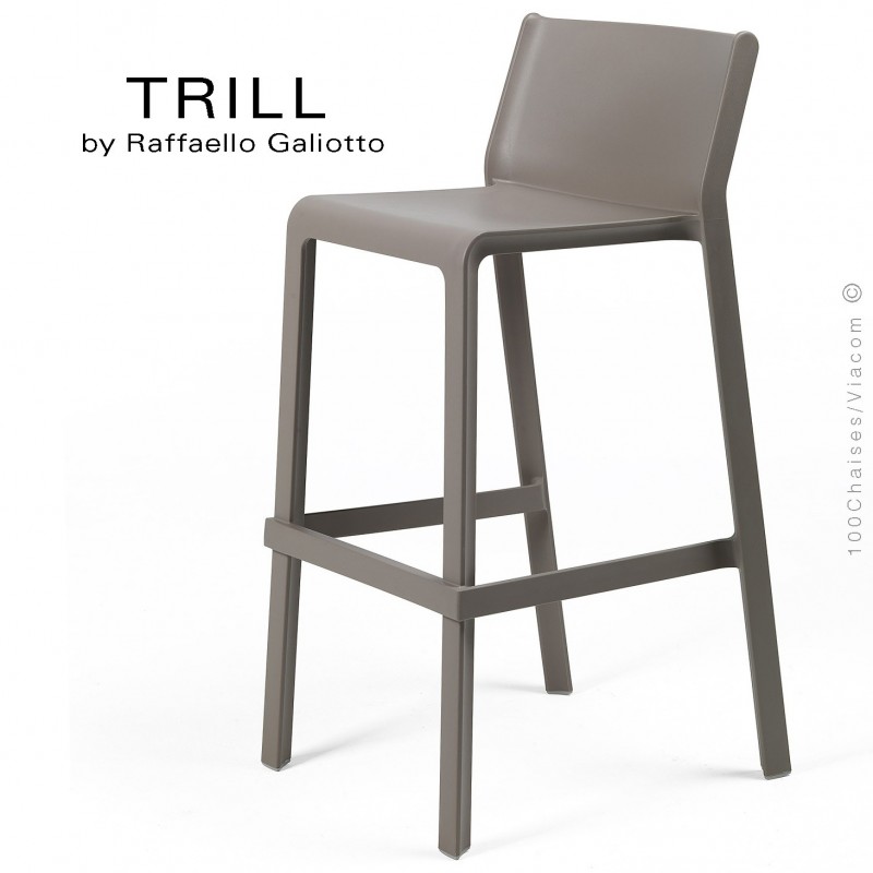 Tabouret de bar design TRILL, sturcture et assise plastique couleur gris tourterelle.
