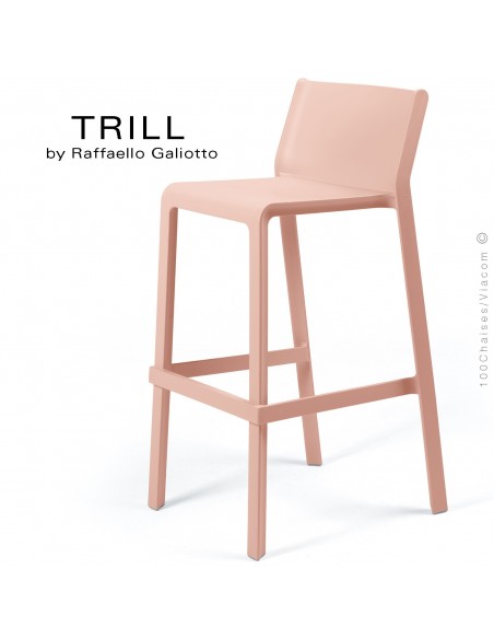 Tabouret de bar design TRILL, sturcture et assise plastique couleur rose.