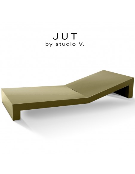 Bain de soleil ou chaise longue design JUT, structure et assise plastique et résine, couleur d'aspect mat kaki.