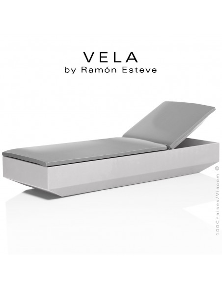 Bain de soleil ou chaise longue VELA, structure et assise plastique couleur ICE d'aspect mat, avec coussin argent-gris.