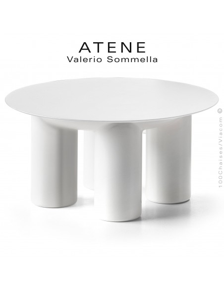 Table basse ronde design ATENE, structure monobloc plastique couleur blanc , plateau rond HPL Ø80 cm., couleur blanc.