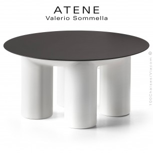 Table basse ronde design ATENE, structure monobloc plastique couleur blanc , plateau rond HPL Ø80 cm. couleur noir.