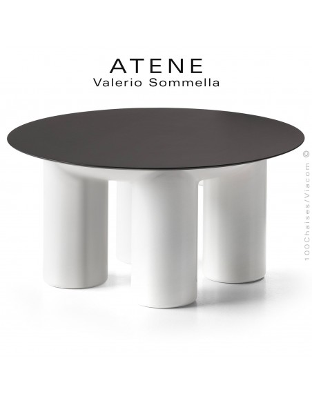 Table basse ronde design ATENE, structure monobloc plastique couleur blanc , plateau rond HPL Ø80 cm. couleur noir.