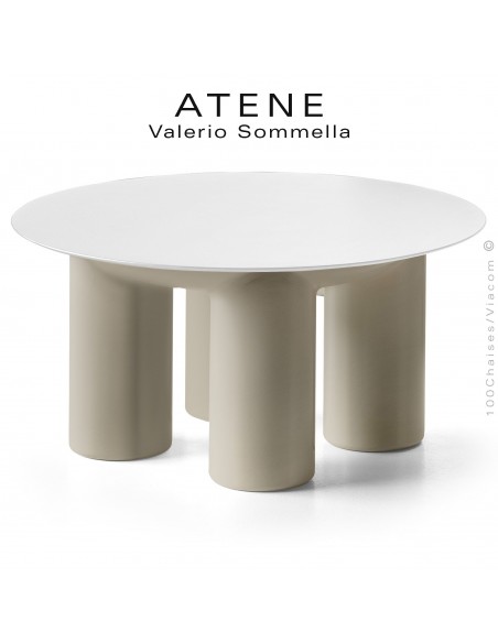 Table basse ronde design ATENE, structure monobloc plastique couleur crème , plateau rond HPL Ø80 cm., couleur blanc.