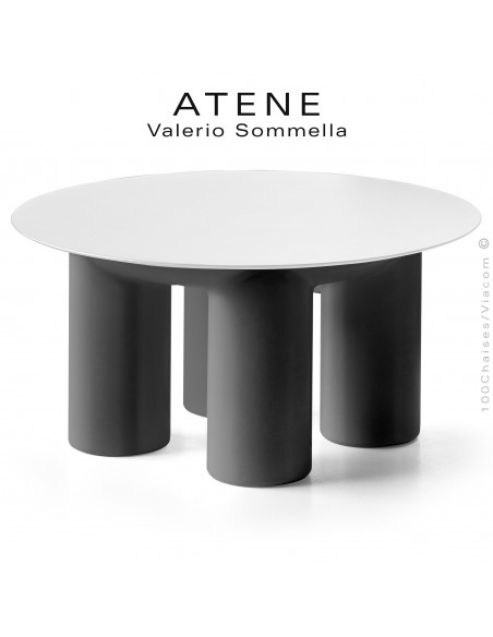 Table basse ronde design ATENE, structure monobloc plastique couleur noir , plateau rond HPL Ø80 cm., couleur blanc.