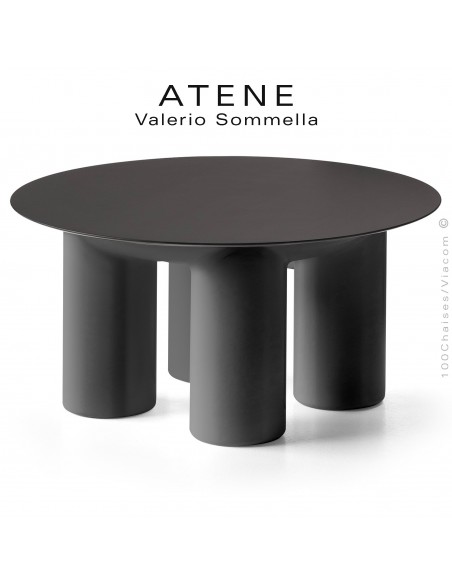 Table basse ronde design ATENE, structure monobloc plastique couleur noir , plateau rond HPL Ø80 cm., couleur noir.