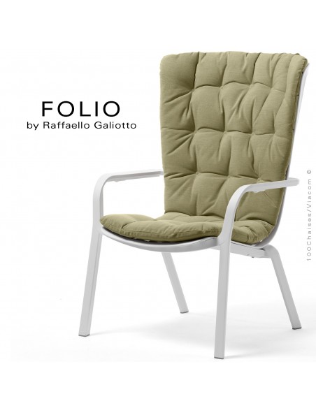 Fauteuil bergère FOLIO, structure et assise plastique blanc avec coussin tissu vert.