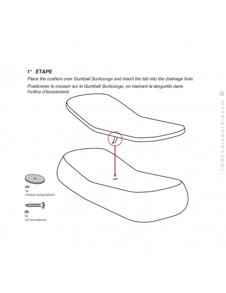 Les 3 étapes de montage pour le coussin confort du bain de soleil ou chaise longue GUMBALL, structure monobloc plastique.