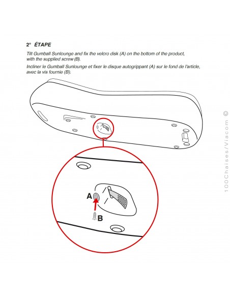 Les 3 étapes de montage pour le coussin confort du bain de soleil ou chaise longue GUMBALL, structure monobloc plastique.