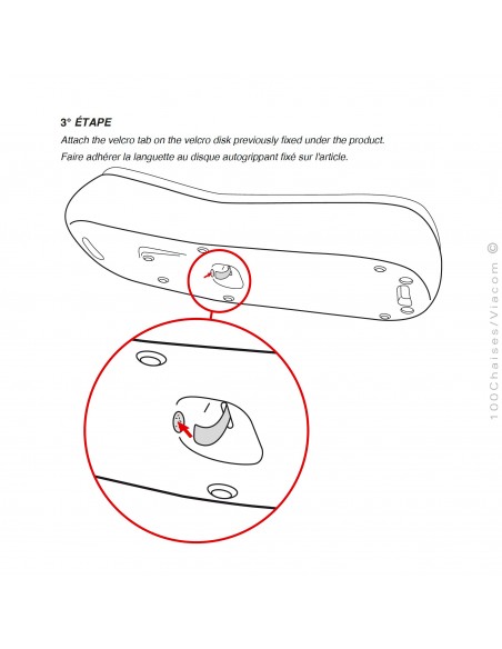 Les 3 étapes de montage pour le coussin confort du bain de soleil ou chaise longue GUMBALL, structure monobloc plastique.