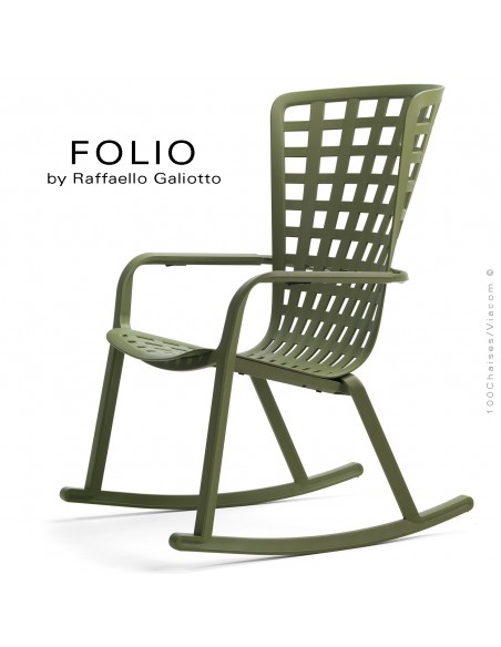 Fauteuil à bascule design FOLIO, structure et assise plastique vert.