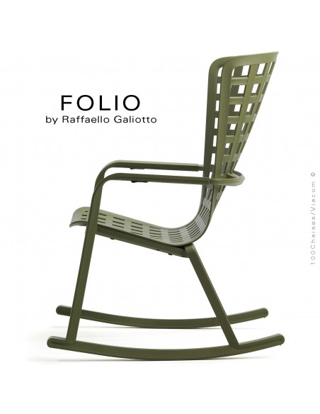 Fauteuil à bascule design FOLIO, structure et assise plastique vert.