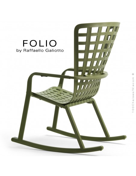 Fauteuil à bascule design FOLIO, structure et assise plastique vert.