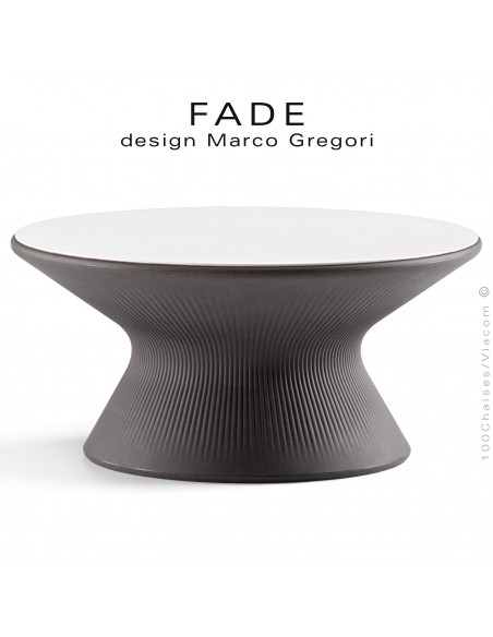 Table basse ronde design FADE, structure plastique couleur granite avec plateau compact HPL blanc.