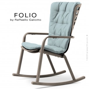 Fauteuil à bascule design FOLIO, structure et assise plastique gris tourterelle, avec coussin tissu bleu.