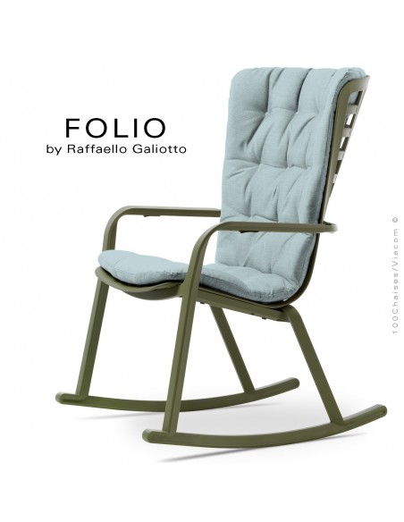 Fauteuil à bascule design FOLIO, structure et assise plastique vert, avec coussin tissu bleu.