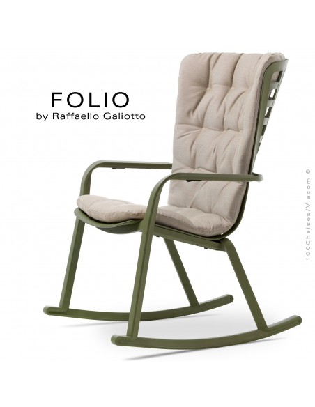 Fauteuil à bascule design FOLIO, structure et assise plastique vert, avec coussin tissu crème.