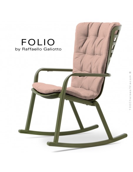 Fauteuil à bascule design FOLIO, structure et assise plastique vert, avec coussin tissu rose.