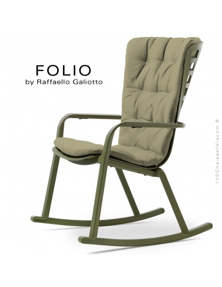 Fauteuil à bascule design FOLIO, structure et assise plastique vert, avec coussin tissu vert.