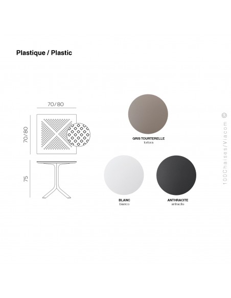 Finition table CLIPX, plateau ajouré carré plastique, piétement colonne plastique.