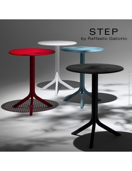 Collection Table STEP, plateau rond plastique ajouré, piétement colonne centrale plastique.