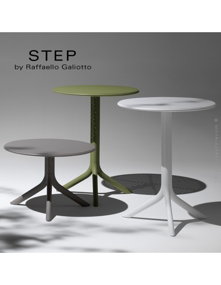 Collection Table STEP, plateau rond plastique ajouré, piétement colonne centrale plastique.