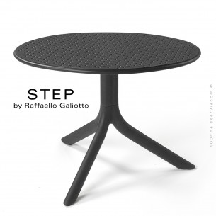 Table basse STEP, plateau rond plastique ajouré, piétement colonne centrale plastique anthracite.