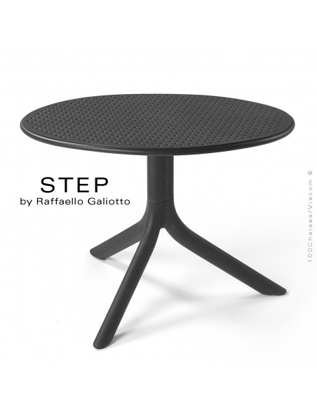 Table basse STEP, plateau rond plastique ajouré, piétement colonne centrale plastique anthracite.