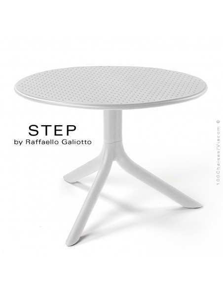 Table basse STEP, plateau rond plastique ajouré, piétement colonne centrale plastique blanc.