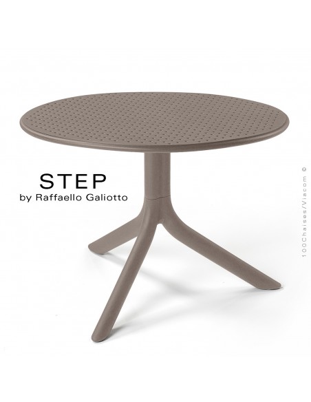 Table basse STEP, plateau rond plastique ajouré, piétement colonne centrale plastique gris tourterelle.