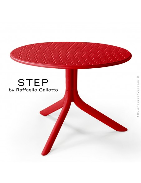 Table basse STEP, plateau rond plastique ajouré, piétement colonne centrale plastique rouge.