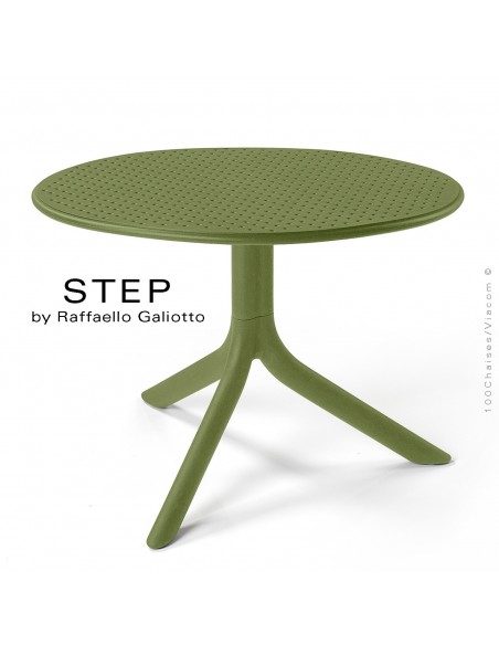 Table basse STEP, plateau rond plastique ajouré, piétement colonne centrale plastique vert.
