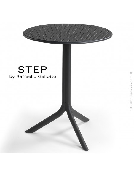 Table STEP, plateau rond plastique ajouré, piétement colonne centrale plastique anthracite.