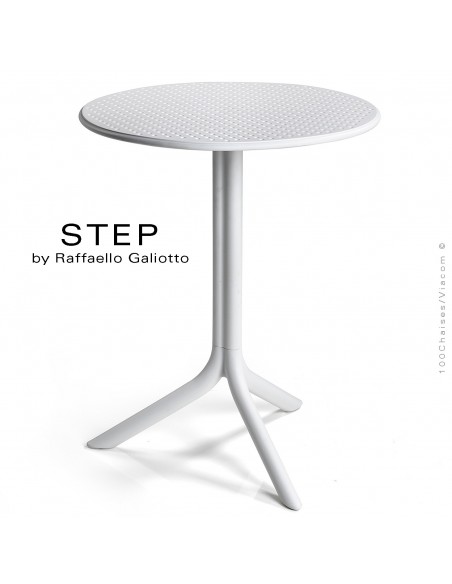 Table STEP, plateau rond plastique ajouré, piétement colonne centrale plastique blanc.