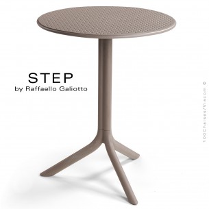 Table STEP, plateau rond plastique ajouré, piétement colonne centrale plastique gris tourterelle.