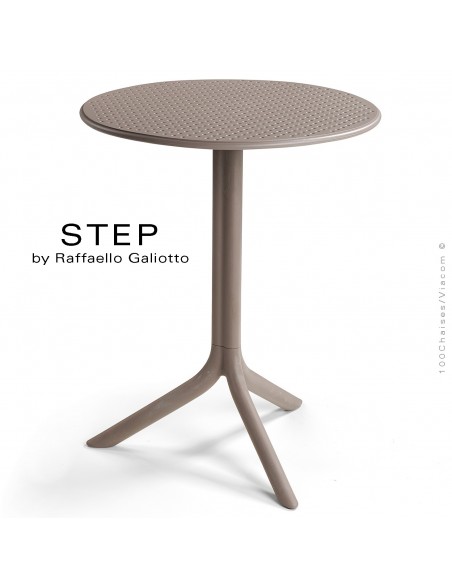 Table STEP, plateau rond plastique ajouré, piétement colonne centrale plastique gris tourterelle.